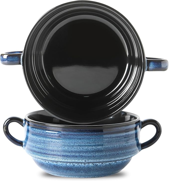 Soup Bowls with Handles, 22 oz French Onion Soup Bowls, Stackable Ceramic Bowls Set of 2, Serving Bowls for Chili, Beef Stew, Soup, Cereal, Oven Microwave Dishwasher Safe, Blue