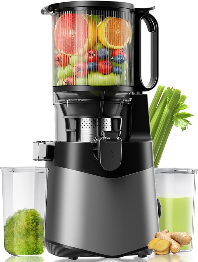 Cold Press Juicer, 5.3" Wide Feed Chute Juice Extractor Machine with 400W, High Juice Yield, Slow Masticating Juicer for Whole Vegetables & Fruits, Deep Grey