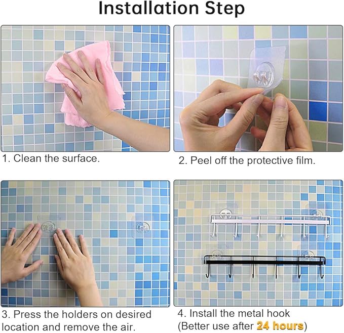 YiZhi Adhesive Wall Hooks Rack Kitchen Rail, Space Saving Utensil Holder No Drilling Wall Mounted Accessory Hanger with 6 Hooks for Kitchen Bathroom Bedroom Pack of 2 (White)