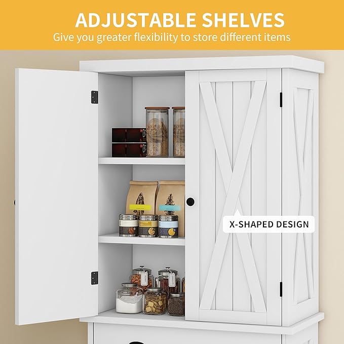 DWVO 72'' Farmhouse Kitchen Pantry, Rustic Wood Kitchen Storage Cabinets with Adjustable Shelves & Drawer, Tall Freestanding Cupboard for Dining Room, Living Room, White