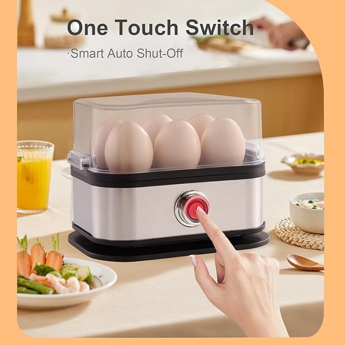 Rapid Egg Cooker, 6 Eggs Capacity Egg Boiler, Hard, Medium, Soft Boiled Egg Poacher with Auto Shut-Off and Alarm, Stainless Steel Electric Egg Steamer for Home Kitchen (Black)
