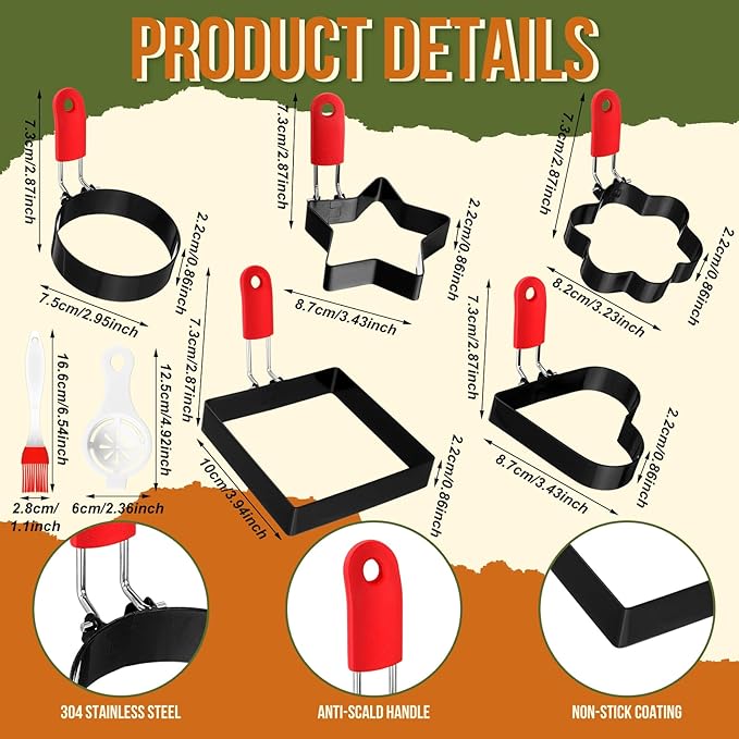 Nonstick Egg Rings Set with Silicone Handle, 6 Pcs Stainless Steel Egg Cooking Rings for Breakfast, Sandwich, Muffins with Oil Brush, Separator, 5 Shapes