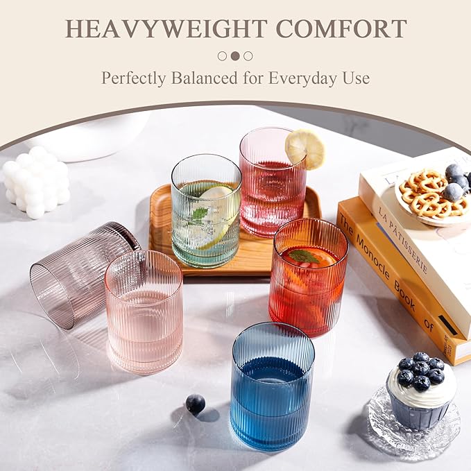 Physkoa Ribbed Drinking Glasses Set of 6 – 13 oz Vintage-Inspired Colorful Glassware – Heavyweight, Durable, Perfect for Water, Cocktails, Coffee, and Everyday Use
