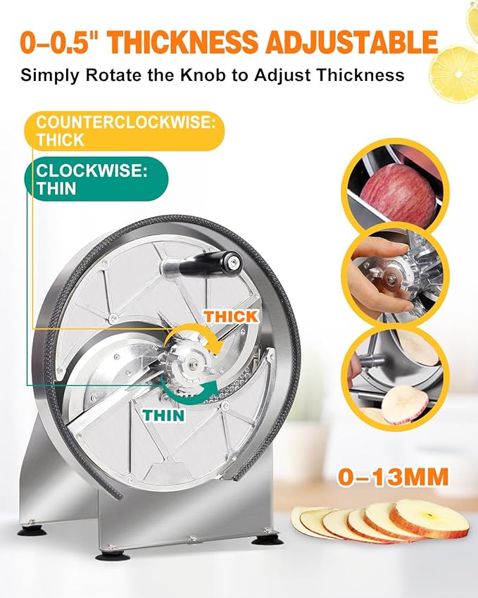 Commercial Vegetable Slicer - Manual Adjustable Thickness 0.2-13mm, Stainless Steel Lemon Slicer with 2* Extra Blades for Slicing Vegetable Tomato Onion Potato Cabbage Lime