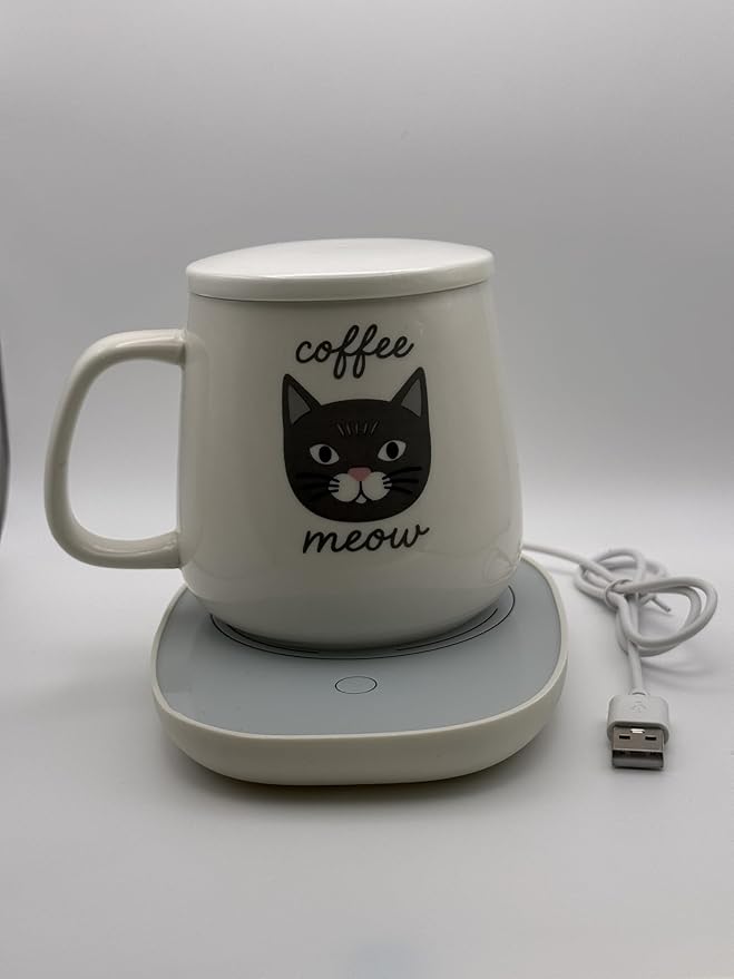 USB-Powered Mug Warmer with Coffee Meow Ceramic Mug Set