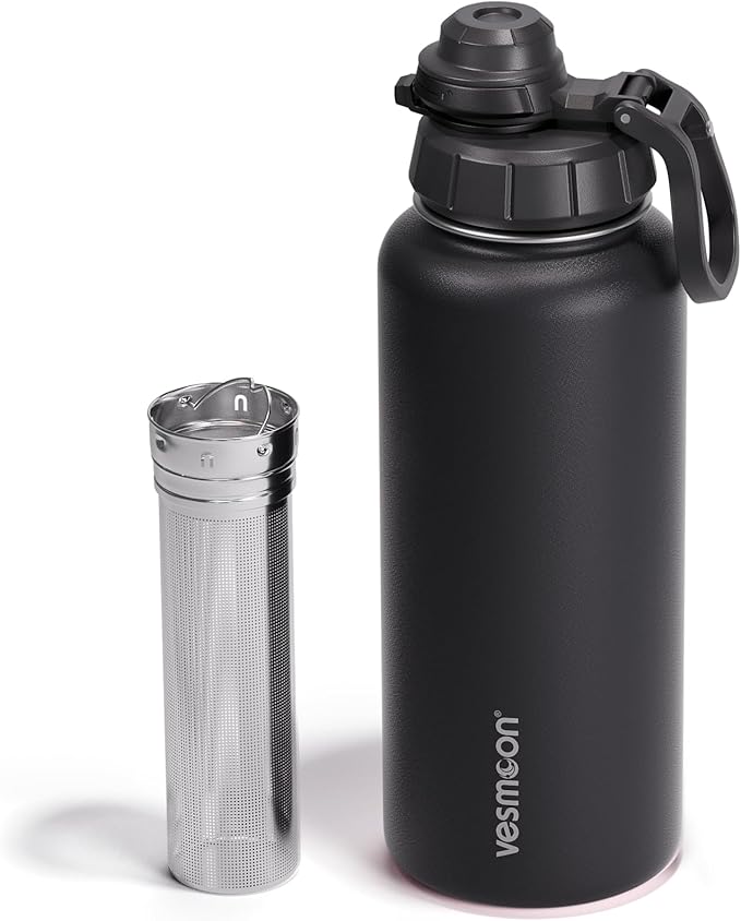 Vesmoon Vessence 32 Oz Stainless Steel Tea Infuser Bottle for Loose Leaf Tea, Water, Herbs, Fruits - Triple Layered Insulated, Leak Proof Bottle with Lid and Clip Handle - 24 Hours Hot/Cold