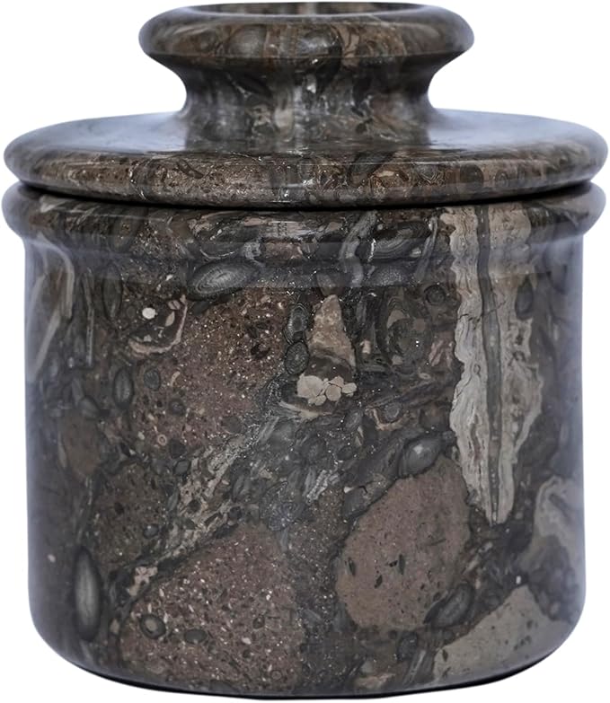 Oceanic Marble Butter Crock with Lid: 4" Gray Marble Handmade Butter Storage Dish - Stylish Kitchenware