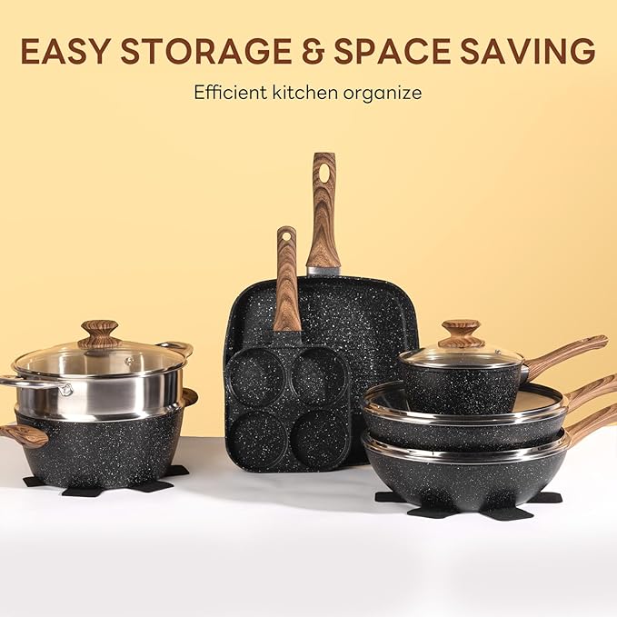 NEWBULIG 17-Piece Cookware Set, Nonstick & Non-Toxic Pots and Pans with Stay-Cool Handles, Induction Compatible, Black