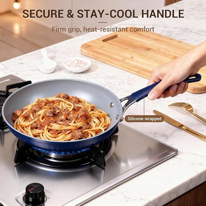 Ammeloo 15-Piece Ribbed Ceramic Cookware Set, Pots and Pans Set Non Stick, Induction Ready, Healthy Non Toxic Kitchen Cooking Set PFAS/PFOA/PTFE-Free, Silicone-wrapped Stay-Cool Handle