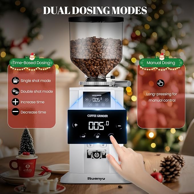 Huanyu Professional Coffee Grinder with 74mm Flat Burr 53ounce Bean Hopper 15 Infinite Grinding Settings Electric Coffee Grinder with Touching Screen White
