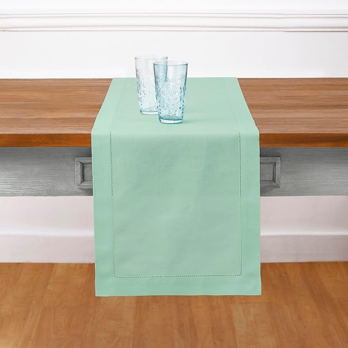 Solino Home Table Runner 108 Inches Long - Cotton Linen Hemstitch Aqua Table Runner 14 x 108 Inch for Summer