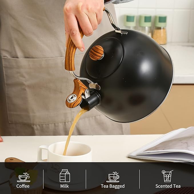 LONFFERY Tea Kettle for Stove Top, 2.5 Quart Whistling Tea Kettle, with Food Grade Stainless Steel and Wood Pattern Folding Handle, Black