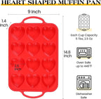 1 Pc Heart Shaped Muffin Pan with Metal Reinforced Frame 12 Cup Nonstick Silicone Heart Cake Mold for Baking 2.5 Inch Cupcake Tray (Red)