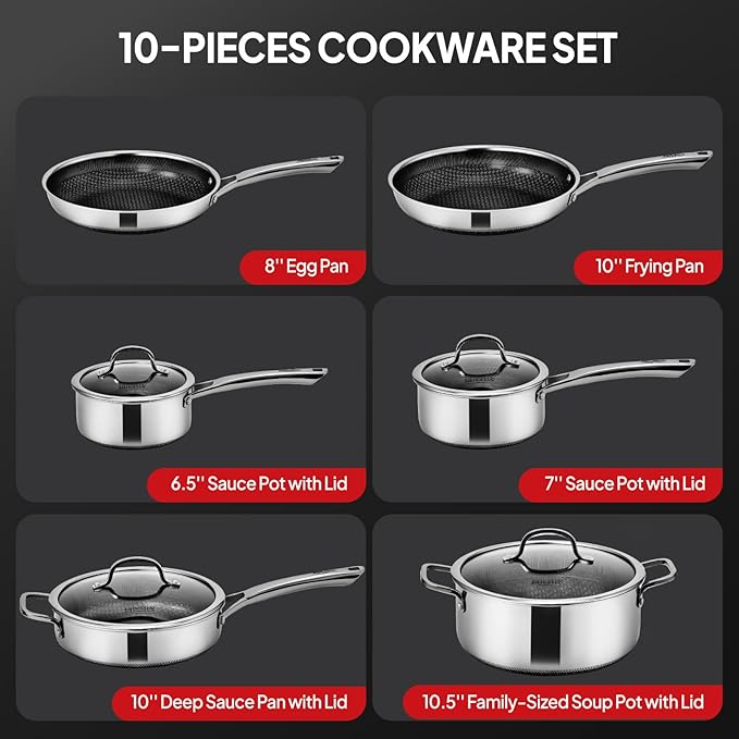 ROVSUN 10 Pcs Non-Stick Cookware Set, Stainless Steel Pots and Pans Set with Lids, Non-Toxic Kitchen Set Chef's Pan, PFOA & PTFE Free, Compatible for All Cooktops