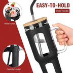 Glass Tumbler with Lid and Straw, 46 oz Iced Coffee Cup with Handle, Large Water Bottles with Silicone Sleeve, Glass Cup with Straws - Pearl Straw & Drinking Straw BPA Free-Black