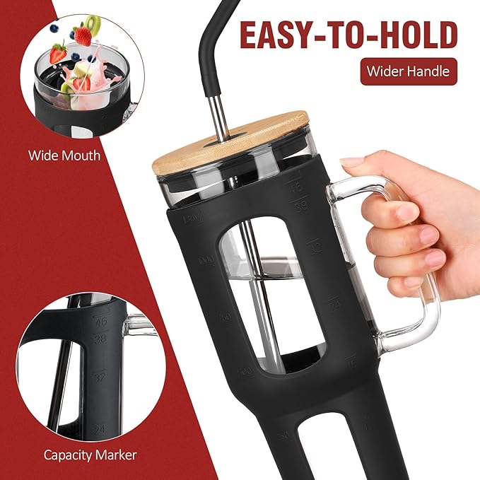 Glass Tumbler with Lid and Straw, 46 oz Iced Coffee Cup with Handle, Large Water Bottles with Silicone Sleeve, Glass Cup with Straws - Pearl Straw & Drinking Straw BPA Free-Black