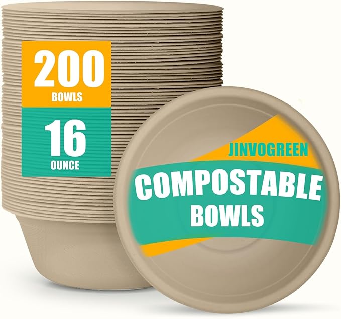 200 Count 16 oz Paper Bowls, Disposable Compostable Bowls, Heavy Duty Biodegradable Sugarcane Bagasse Bowl for Breakfast, Salad, Fruits, Desserts, Natural