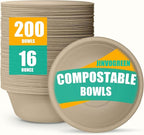 200 Count 16 oz Paper Bowls, Disposable Compostable Bowls, Heavy Duty Biodegradable Sugarcane Bagasse Bowl for Breakfast, Salad, Fruits, Desserts, Natural
