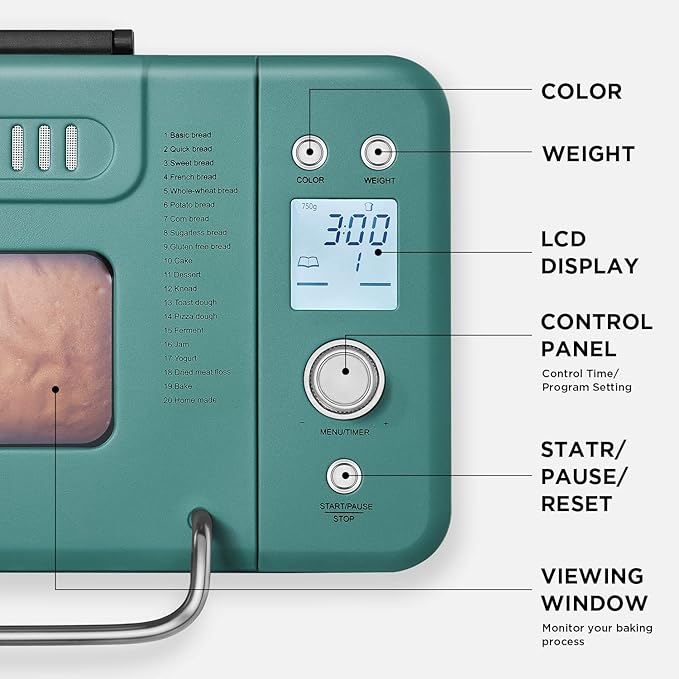 Neretva Bread Maker, 20-IN-1 2LB Bread Machine Dual Heater Bread Maker Machine Automatic with Nonstick Ceramic Pan, 15H Timer & 1H Keep Warm Set, Low Noise, Stainless Steel Breadmaker Recipe-Green