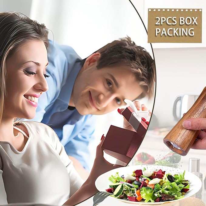 Salt and Pepper Grinder Set, Acacia Wood Salt Shaker with Ceramic/Stainless Steel Core, Modern and Elegant Wooden Salt and Pepper Set(2 Pack) 8 Inches Each