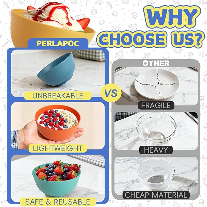 Wheat Straw Bowls, Unbreakable Small Bowls Set of 6, 10 OZ Mini Dessert Bowls for Ice Cream, Snack, Yogurt and Fruits, Microwave & Dishwasher Safe Small Bowl, Multi