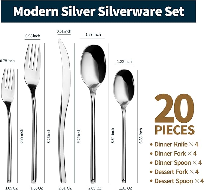 Lemeya 20-Piece Silverware Set for 4,Modern 18/10 Stainless Steel Flatware Set,Luxury Cutlery Set,Unique Utensils Set for Restaurant,Spoons and Forks Set,Mirror Polished,Dishwasher Safe