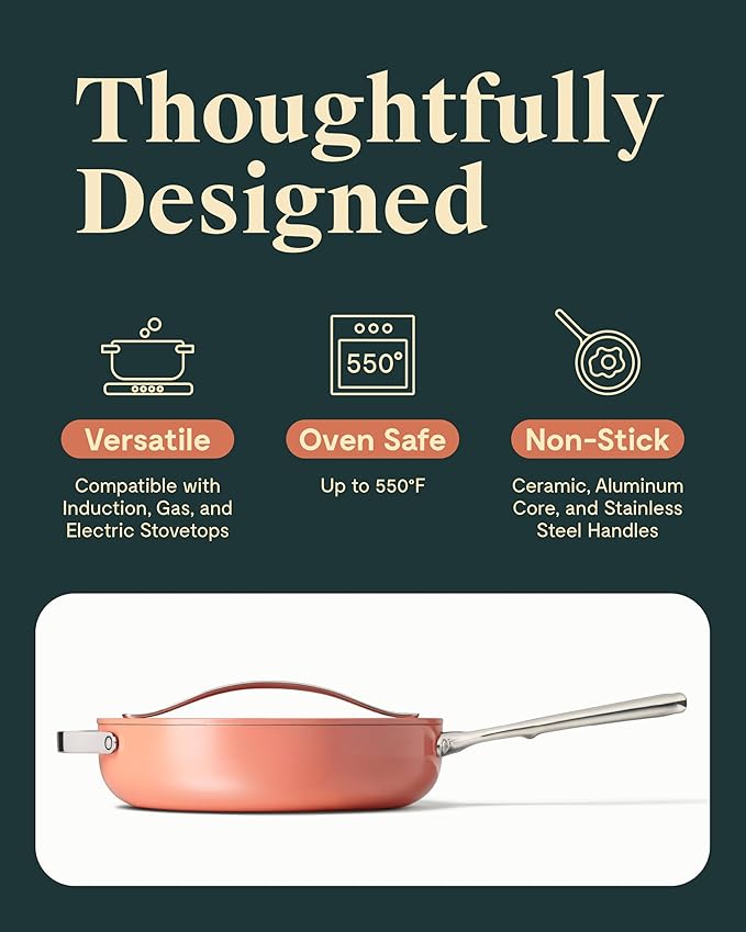 Caraway Nonstick Ceramic Sauté Pan with Lid (4.5 qt, 11.8") - Non Toxic, PTFE & PFOA Free - Oven Safe & Compatible with All Stovetops (Gas, Electric & Induction) - Perracotta