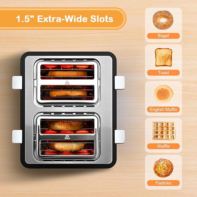 Mecity 4 Slot Stainless Steel Toaster - 4 Slice With Warming Rack, Cool to Touch, Bagel/Defrost/Reheat Functions, Removable Tray, 6 Browning Settings, Extra Wide Slots, 1500W