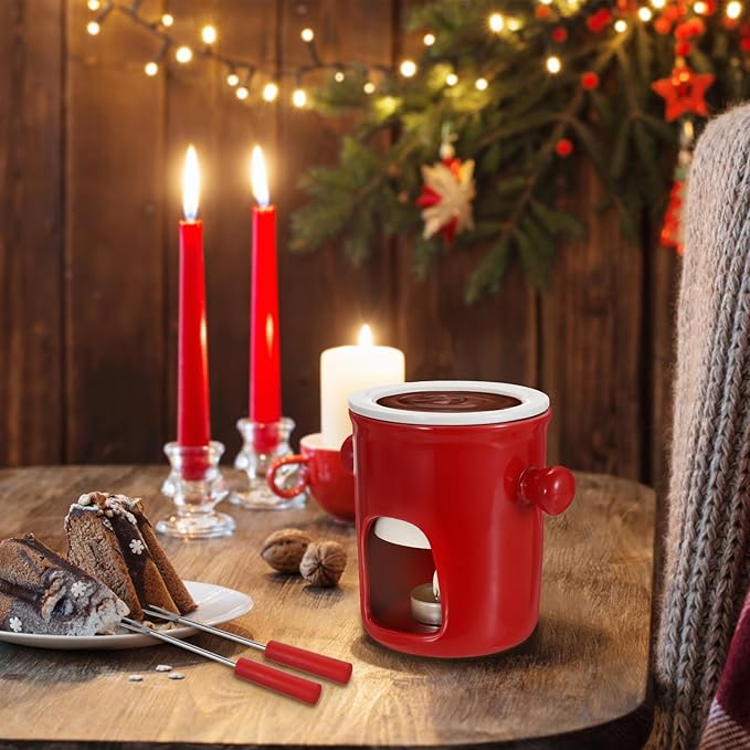 BSTKEY 280ML Ceramic Butter Warmer Set with 2 Forks, Fondue Pot Melting Pot Set, Melt Hot Pot Bowl Set for Cheese Chocolate Butter Caramel (Red)