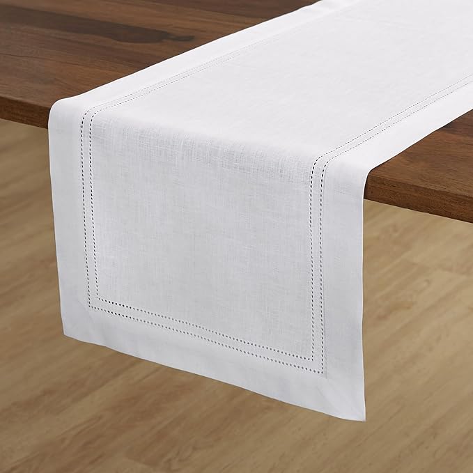 Solino Home Linen White Table Runner 90 Inches Long - 100% Pure Linen Double Hemstitch 14 x 90 Inch Table Runner for Dining, Summer, Fall, Autumn, Halloween