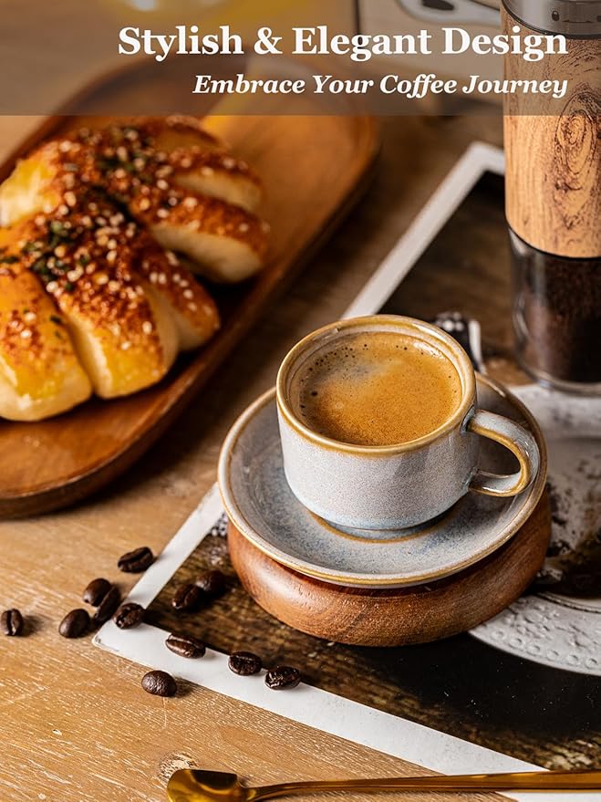 Gomakren 2.5 Ounce Espresso Cups Set of 4, Small Stackable Coffee Cups with Saucers and Metal Stand, Halloween Porcelain Demitasse Cups for Specialty Coffee Drinks, Espresso, Cappuccino, Latte, Gray