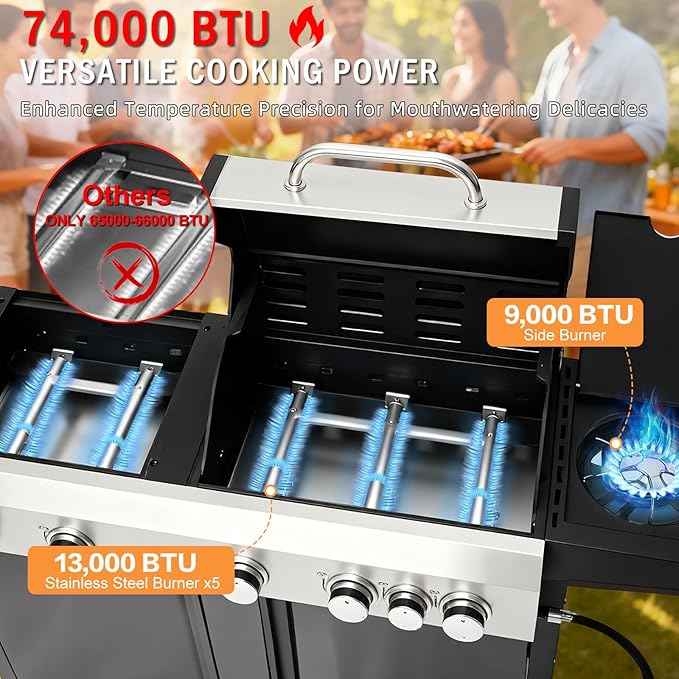 MELLCOM 3 IN 1 Pizza Griddle Grill Combo, 74,000 BTU 5 Burner Stainless Steel Propane Gas Grill with Side Burner,Pizza Oven, Griddle and Porcelain Enameled Cast Iron Grates for Outdoor Patio Backyard