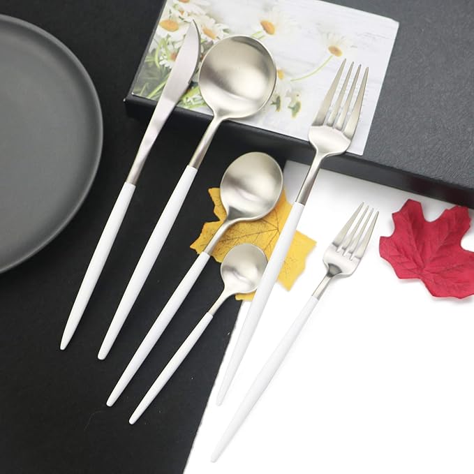 JASHII 18/10 White Handle Flatware Silver Silverware Set 304 Stainless Steel Flatware Cutlery Set| 6-Piece Adaline Royal Modern Satin Finish| BEST Birthday Wedding Gift (White Handle Matte Silver)