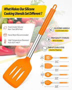 Pack of 4 Silicone Cooking Utensils Set, Non Stick Large Solid Spatulas, Heat Resistant Slotted Spoons, Ideal BPA Free Kitchen Turners for Frying, Mixing,Serving,Draining,Turning,Stirring (ORANGE)