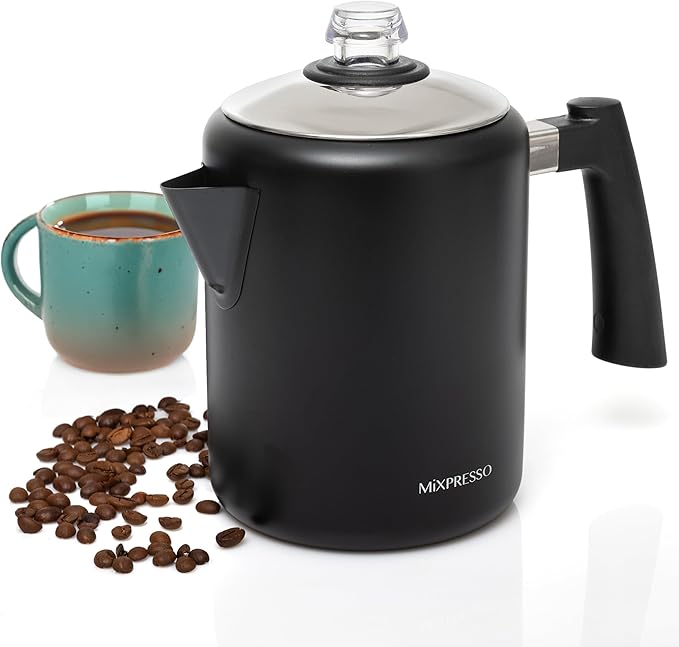 Mixpresso Black Stainless Steel Coffee Percolator Stovetop, 37oz Classic Percolator Coffee Pot, Great For Camping Pot, 5-8 Cup Stove Top Espresso Maker, Cool-Touch Handle