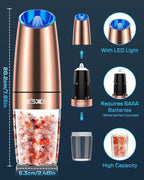XinXu Gravity Automatic Electric Pepper and Salt Grinder, Auto Salt or Pepper Mill Shaker Stainless Steel,Blue LED Light,One Hand Operated, Copper