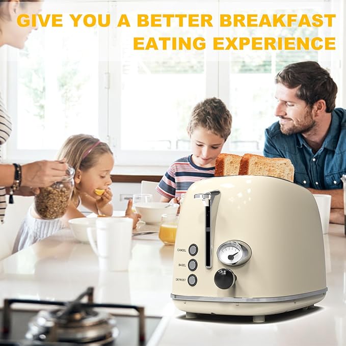 Toaster 2 slice, KitchMix Retro Stainless Steel Toaster with 6 Settings, 1.5 In Extra Wide Slots, Bagel/Defrost/Cancel Function, Removable Crumb Tray (Cream)