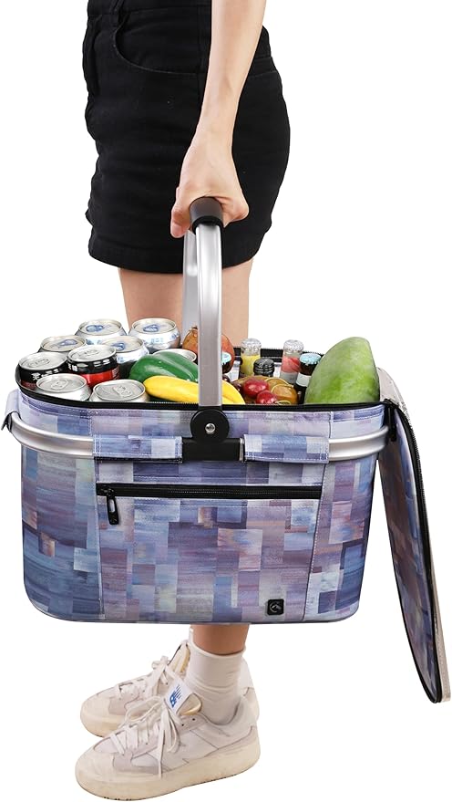 ALLCAMP Insulated Cooler Bag Portable Collapsible Picnic Basket Cooler with Sewn in Frame (Medium Purple Pattern)