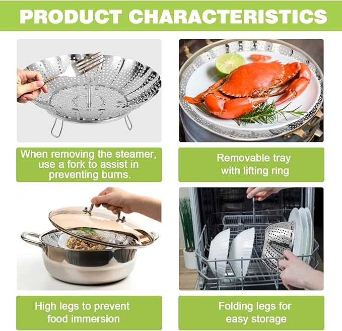 Vegetable Steamer Basket, Stainless Steel Folding Steamer Basket for Cooking, Vegetables, Fish, Pasta, Eggs, Fit Various Size Pot (5.5 inches to 9.2 inches)