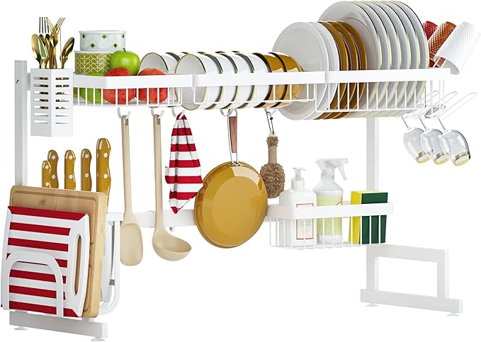 PUSDON Over Sink Dish Drying Rack Stainless Steel, Adjustable Large Dish Drainer for Storage Kitchen Organization White 2 Tier - Standard(26"-38")