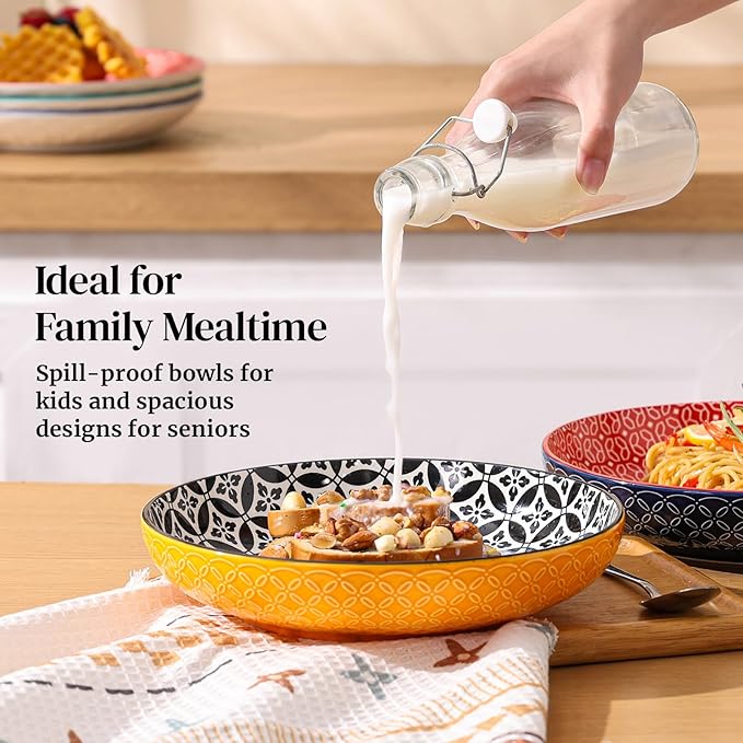 DOWAN 10" Vibrant Pasta, Salad & Soup Serving Bowls Set of 4, Embossed Large Porcelain Ceramic, Microwave & Dishwasher Safe, Bonita Design Dinnerware Dishes for Daily Dining, Family Gatherings, Party