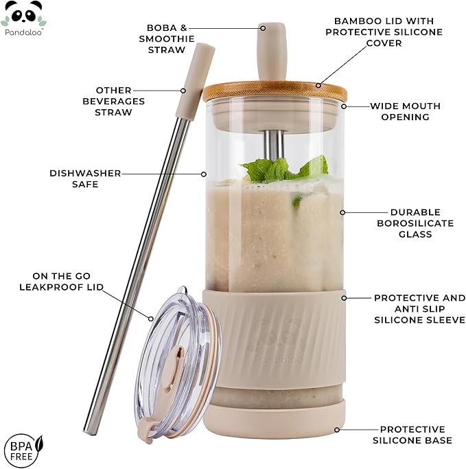 Pandaloo® Glass Cups With Lids and Straws -20 Fl Oz- Perfect Size Iced Coffee Cup - Smoothie Cup With Bamboo Lid and On the go Lid (Creamy Mushroom, 1 Count (Pack of 1)