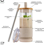 Pandaloo® Glass Cups With Lids and Straws -20 Fl Oz- Perfect Size Iced Coffee Cup - Smoothie Cup With Bamboo Lid and On the go Lid (Creamy Mushroom, 1 Count (Pack of 1)