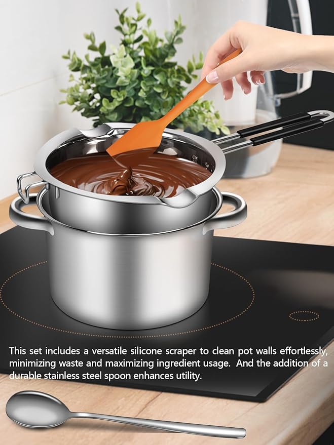 Artcome 304 Stainless Steel Melting Pot Set with Dual-Handles, Silicone Spatula & Spoon, 2600ml Pot & 1200ml Melting Bowl, Heat-Resistant Silicone Handles, Perfect for Melting Chocolate, Butter