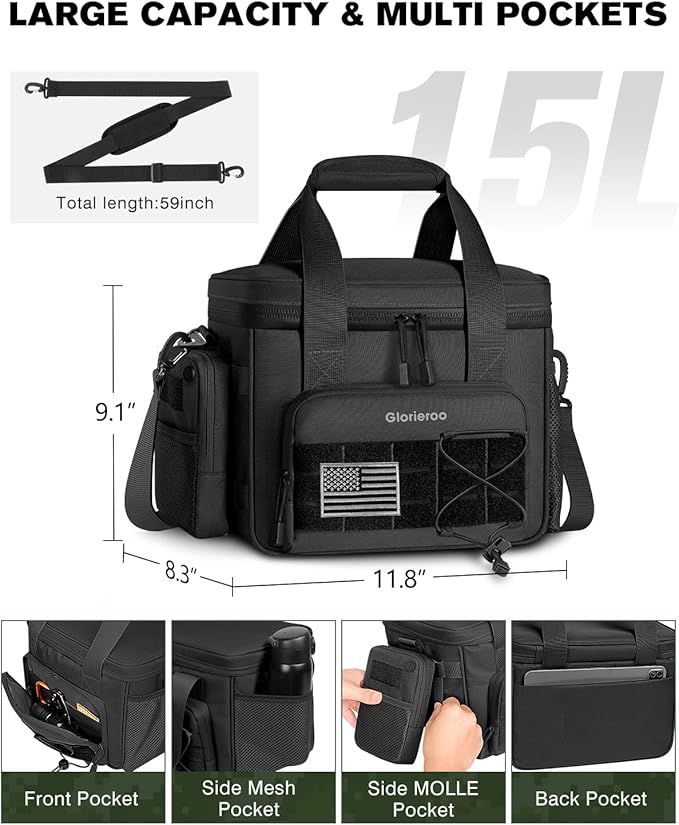 Tactical Lunch Box for Men - 15L Large Heavy Duty Insulated Lunch Bag for Adults Waterproof Construction Cooler Lunchbox for Work with Detachable MOLLE Bags (Black, 15L)
