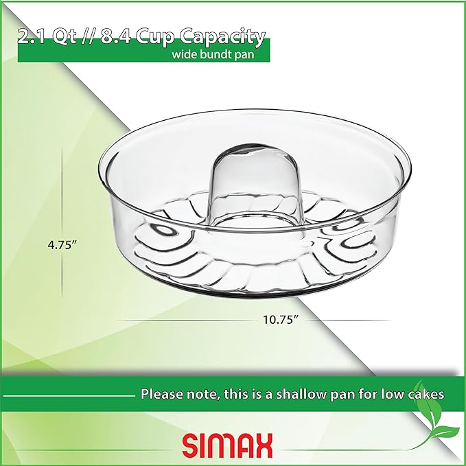 SIMAX Glass Bundt Cake Pan, Shallow (4.75”), Heat, Cold, and Shock Proof, Holds 2.1 Quarts (8.4 Cups), Made in Europe, Great for Ring Cakes, Puddings, Desserts, Monkey Bread, and More