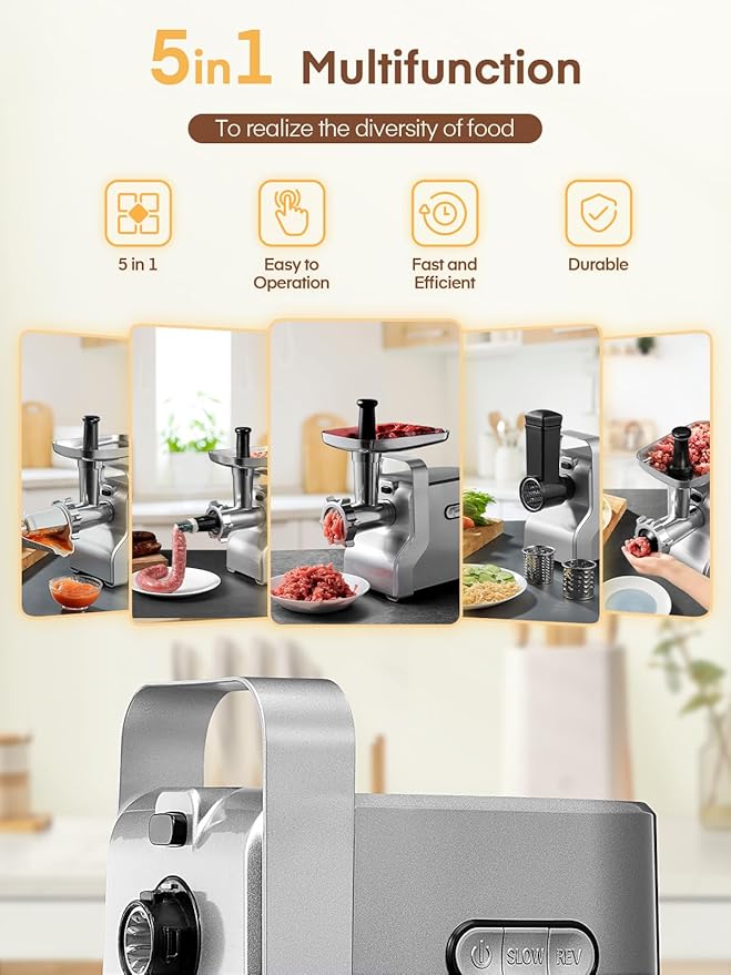 Meat Grinder Heavy Duty - 5 in1 Meat Grinder for Home Use - 3000W Max Powerful - Sausage Stuffer with 3 Stainless Steel Grinding Plates - Size #12 (silver)