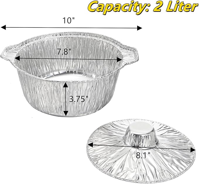 Frcctre 10 Pcs Disposable Aluminum Pot with LidS, Disposable 2 Liter Round Aluminum Foil Pan Food Container for Camping Vacation Trips Picnic Heating Cooking