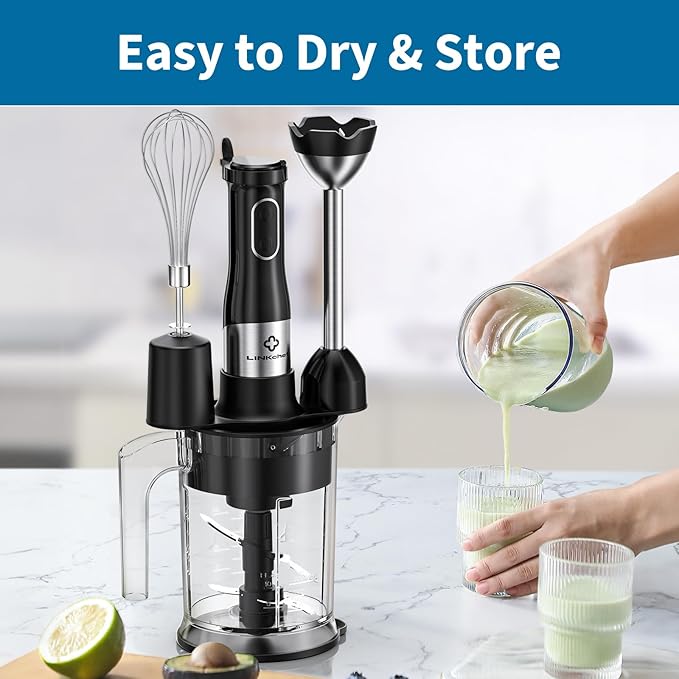 LINKChef 4 in 1 Immersion Blender Handheld, 800W with Titanium Steel Blades, 20 Speeds, Turbo Mode, Scratch-Resistant Stick Hand Blender with Whisk & Food Processor