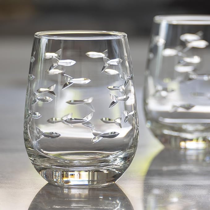 Rolf Glass School of Fish Clear Stemless Wine Glass | Set of 2 Stemless Glasses | 15oz Glass Tumblers | Engraved Lead-Free Coastal Glassware | Made in the USA
